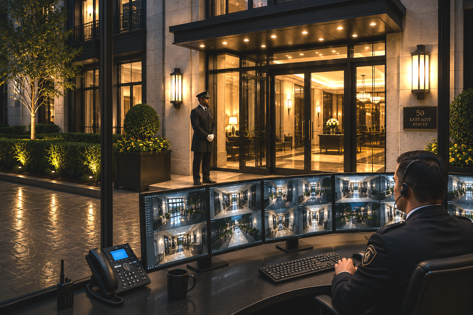 Manhattan luxury building entrance with security