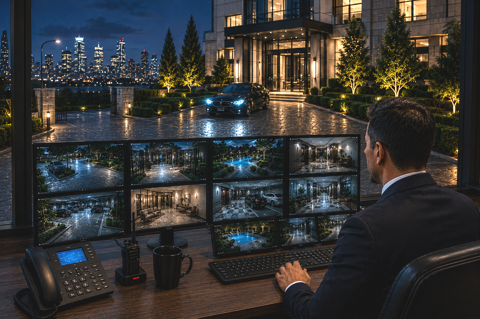 Ultra-high-net-worth residence exterior with security