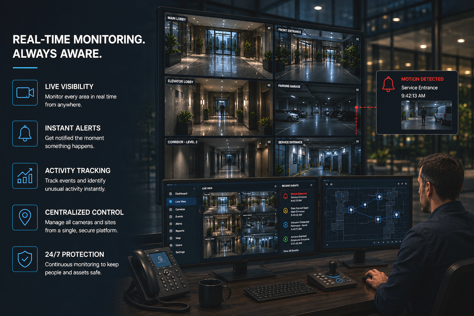 Real-time residential monitoring across lobby, elevator, and parking
